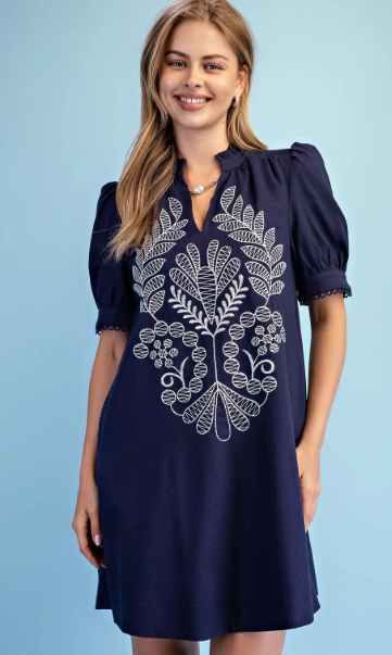 Lysa V-Neck Smocking Dress- Navy