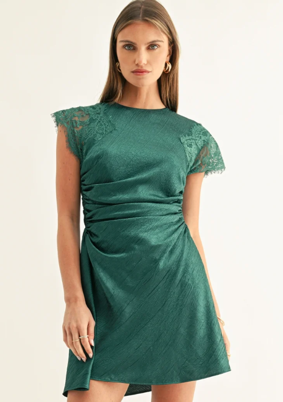 Jordyn Asymmetric Hem Rushed Mini Dress- Dark Teal