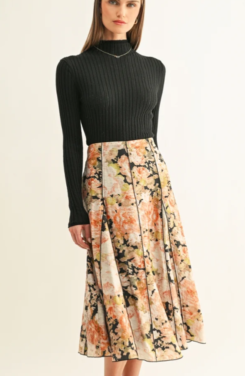 Amora Contrast Stitched Godet Midi Skirt- Black Multi