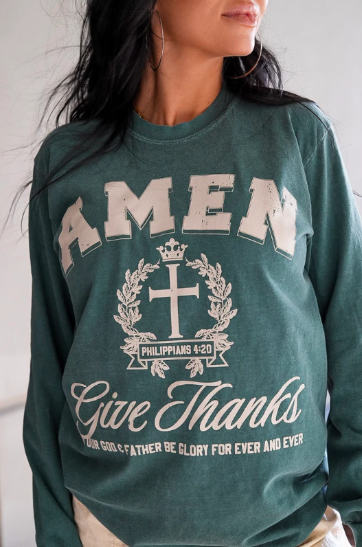 Give Thanks Amen LS Tee- Blue Spruce