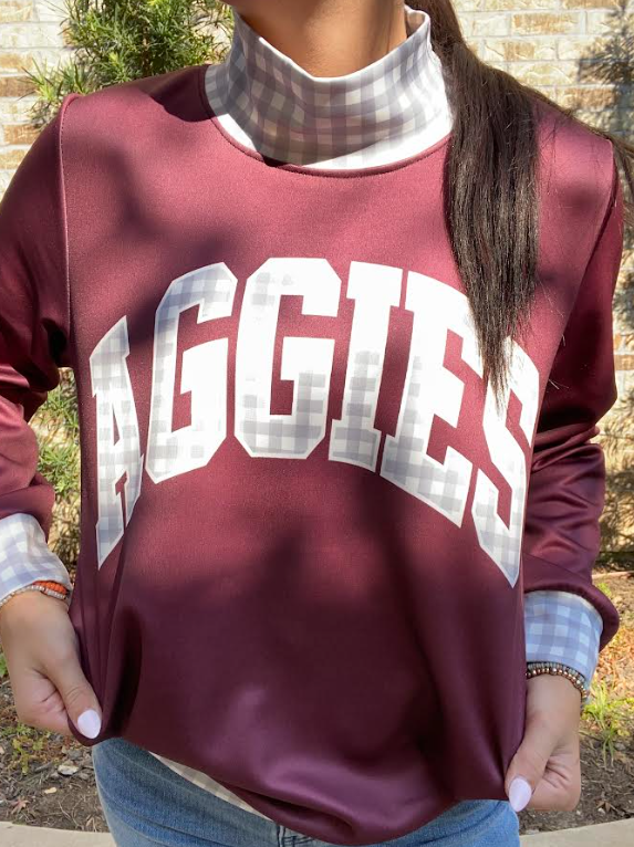 Aggie Gingham Mock Neck- Maroon/Grey