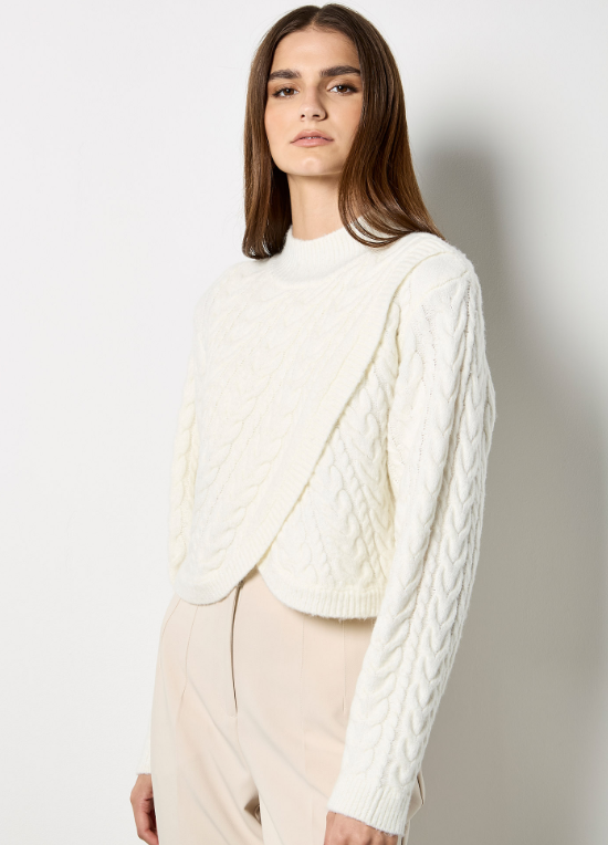 Cable Knit Wrap Mock Neck Sweater- Cream
