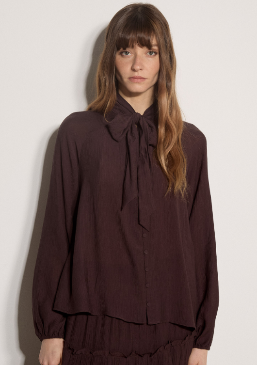 Tie Neck Crinkle Blouse- Brown