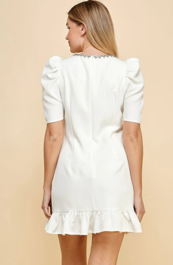 Rhinestones Neckline Dress - Wht - Sm