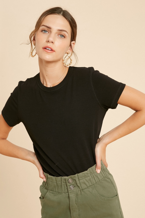 Robbie Ribbed Knit Basic Tee - Black - Lg