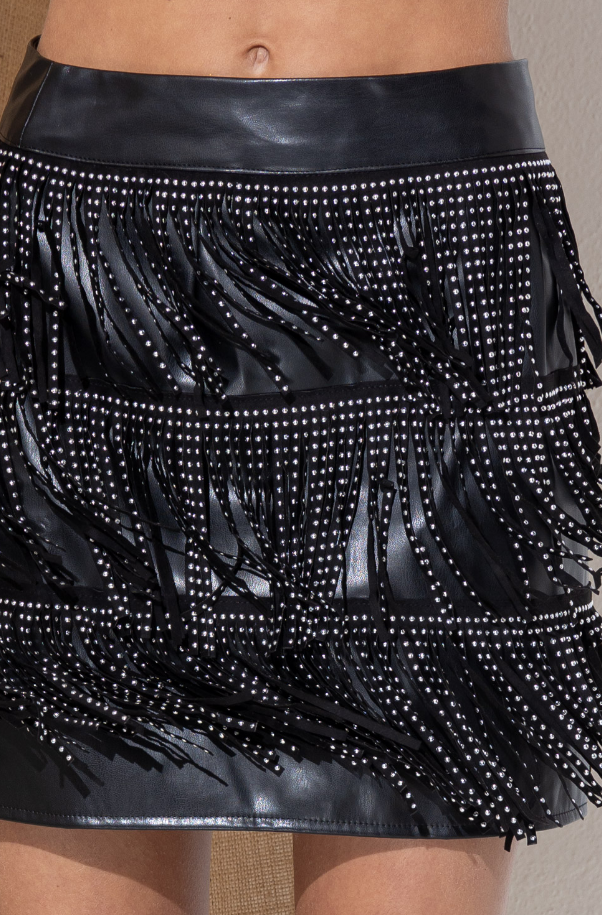 Faux Leather Studded Fringe Skirt - Blk - Med