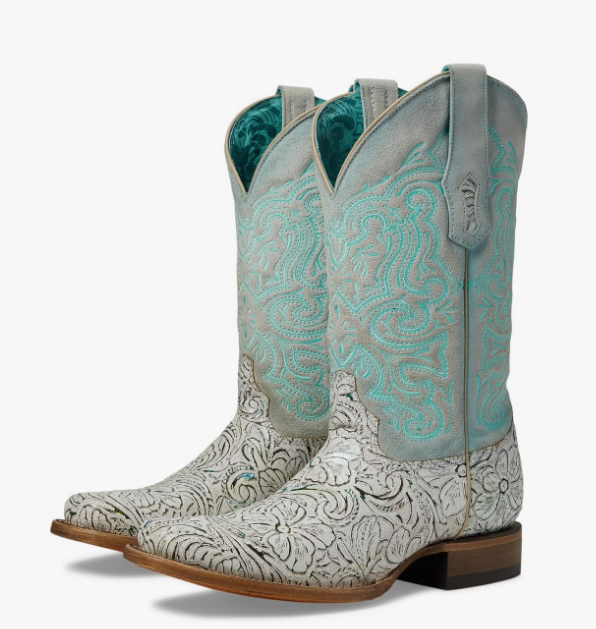 Ladies Embroidered White & Turquoise Square Toe Boot - 7