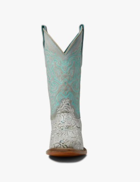 Ladies Embroidered White & Turquoise Square Toe Boot
