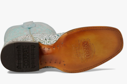 Ladies Embroidered White & Turquoise Square Toe Boot