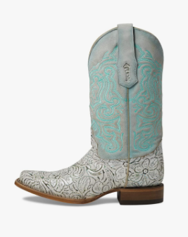 Ladies Embroidered White & Turquoise Square Toe Boot - 7