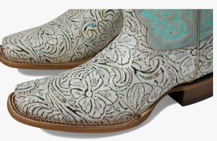 Ladies Embroidered White & Turquoise Square Toe Boot