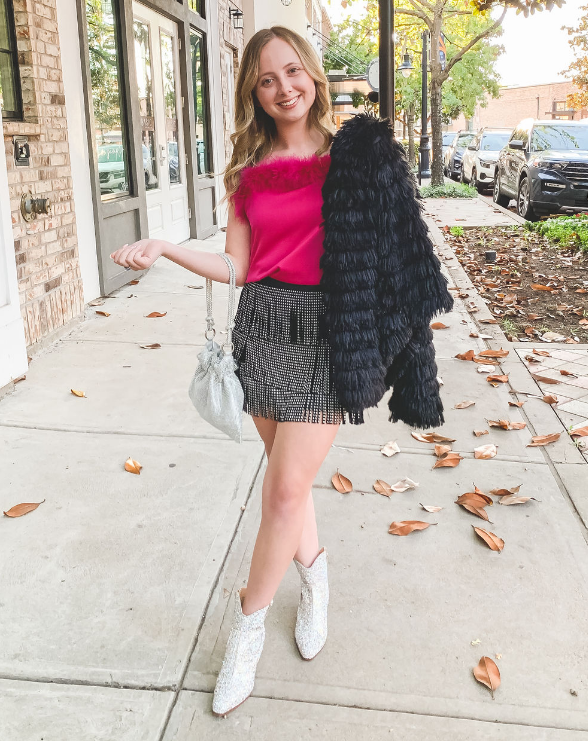 Faux Leather Studded Fringe Skirt - Blk