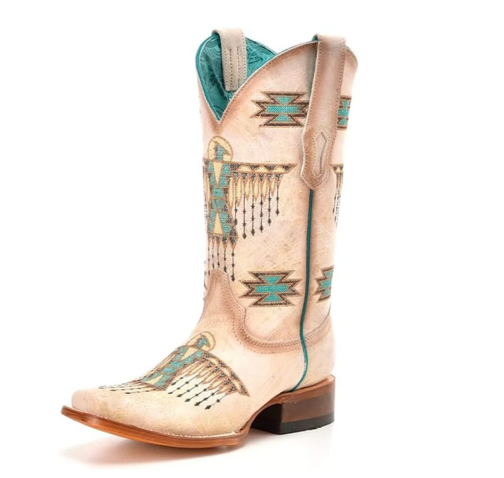 Ld White-Turquoise Embroidery Sq. Toe - 7