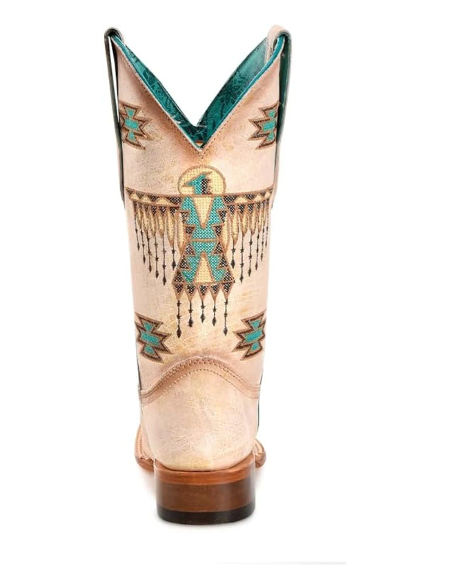 Ld White-Turquoise Embroidery Sq. Toe