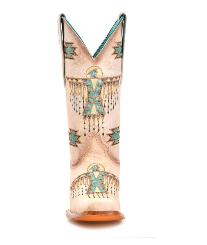 Ld White-Turquoise Embroidery Sq. Toe - 7
