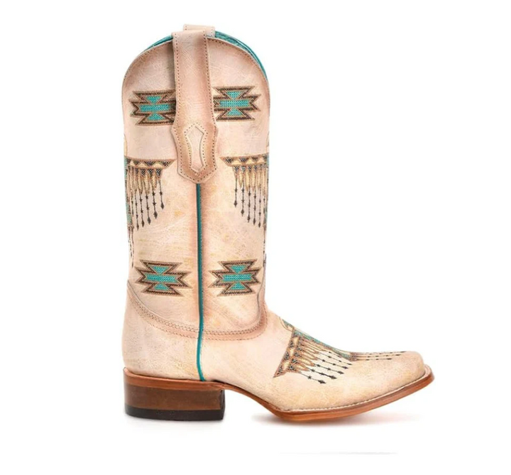 Ld White-Turquoise Embroidery Sq. Toe