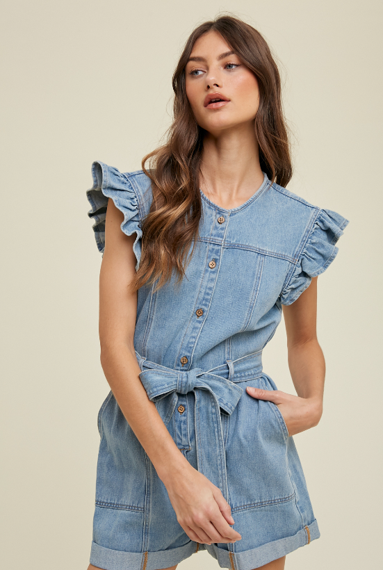 Daisy Ruffle Romper- Denim - L