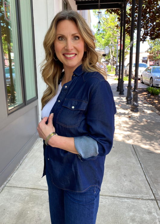 Star Button Top - D. Denim