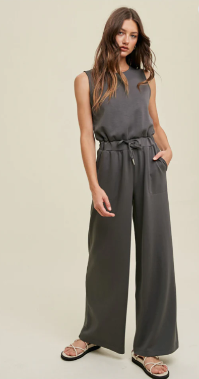 Wide Leg Scuba Jumpsuit- Charcoal - S