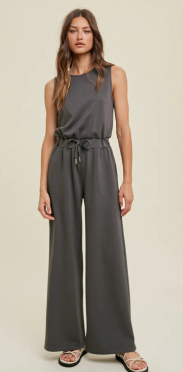 Wide Leg Scuba Jumpsuit- Charcoal - S