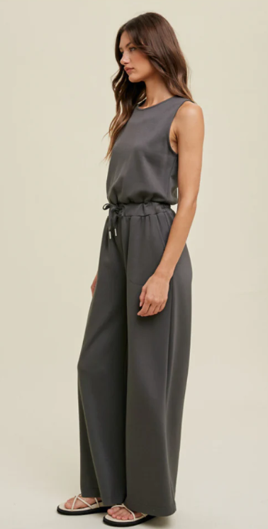 Wide Leg Scuba Jumpsuit- Charcoal