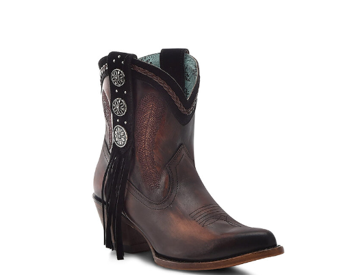 Ld Brn-Choc Emb & Fringes & Conchos & Woven Ankle Boot Pointed Toe