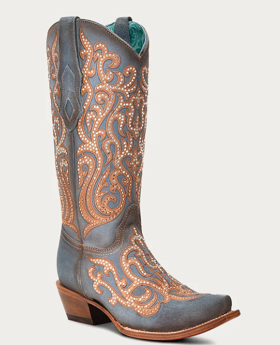 Ld Blue-Honey Overlay & Emb & Crystal Boot - 8
