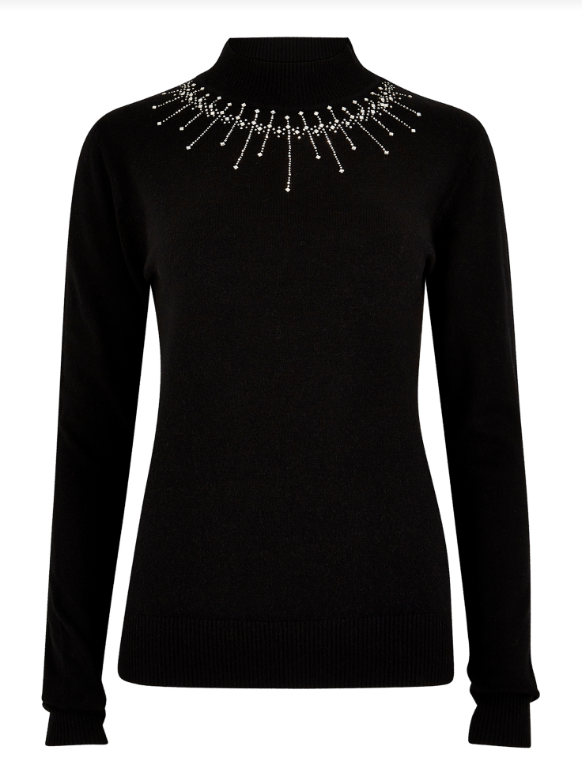 Gem & Stud Neckline Sweater- BLK - M