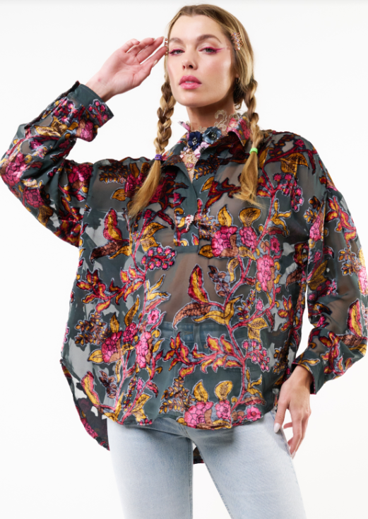 Holiday Jewels Blouse- Charcoal