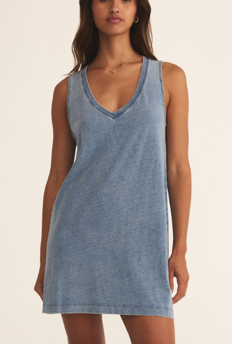 Sloane V-Neck Knit Denim Dress - Medium Indigo - Sm