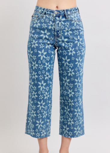 Hw Flower Print Crop Wide Jean- Blue - 7 (28)