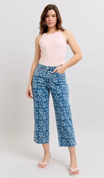 Hw Flower Print Crop Wide Jean- Blue - 0 (24)