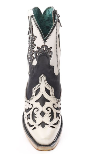 Ld White/Blk Emb Wing Tip Ankle Boot