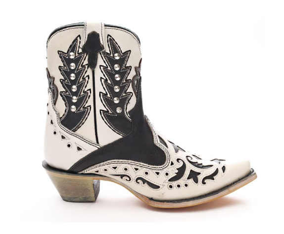 Ld White/Blk Emb Wing Tip Ankle Boot