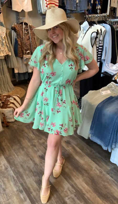 Kirsty V-Neck Flutter Sleeve Dress- Mint - Xs