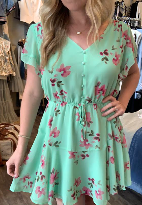 Kirsty V-Neck Flutter Sleeve Dress- Mint