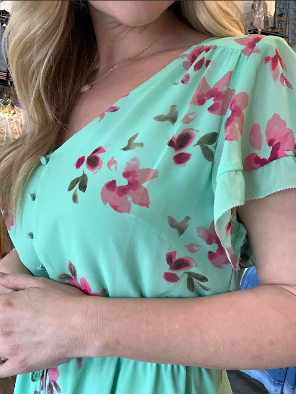 Kirsty V-Neck Flutter Sleeve Dress- Mint