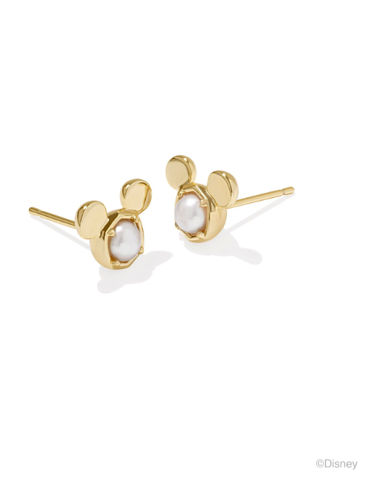 Mickey Mouse Stud Earrings Gold White Pearl