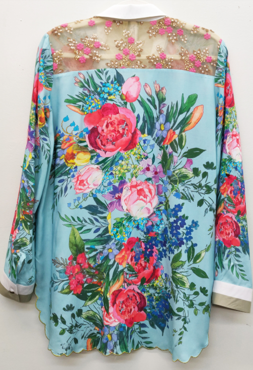 Roma Button-Up Shirt- Aqua Floral - S