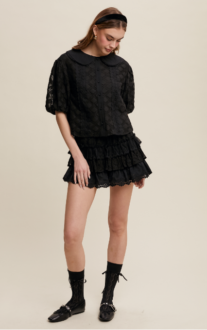 Cami Flirty Lace Tiered Shorts- BLK