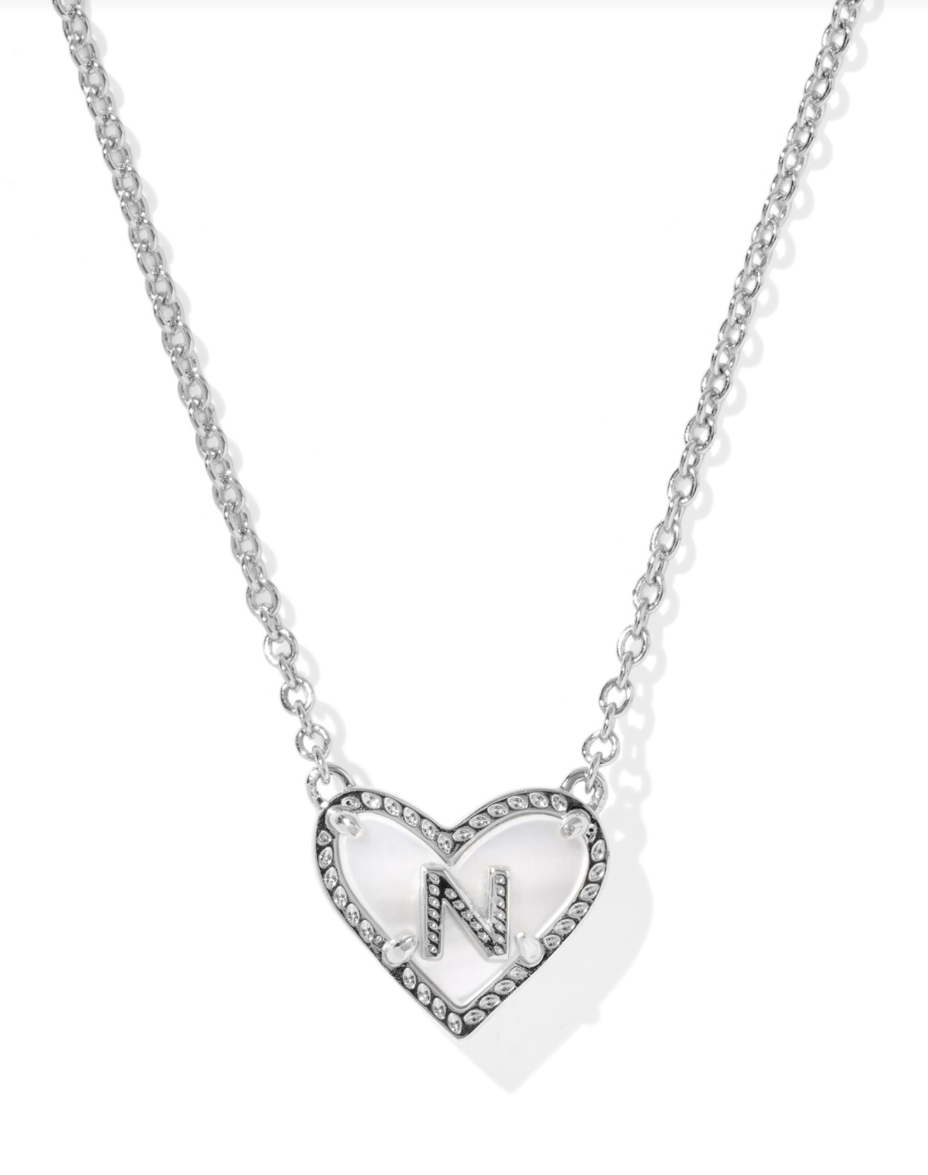 Heart Letter N Short Pendant Necklace Silver Ivory Mother Of Pearl