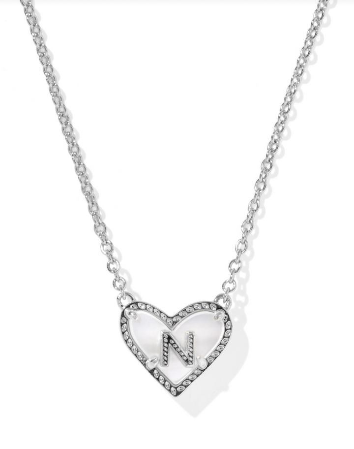 Heart Letter N Short Pendant Necklace Silver Ivory Mother Of Pearl