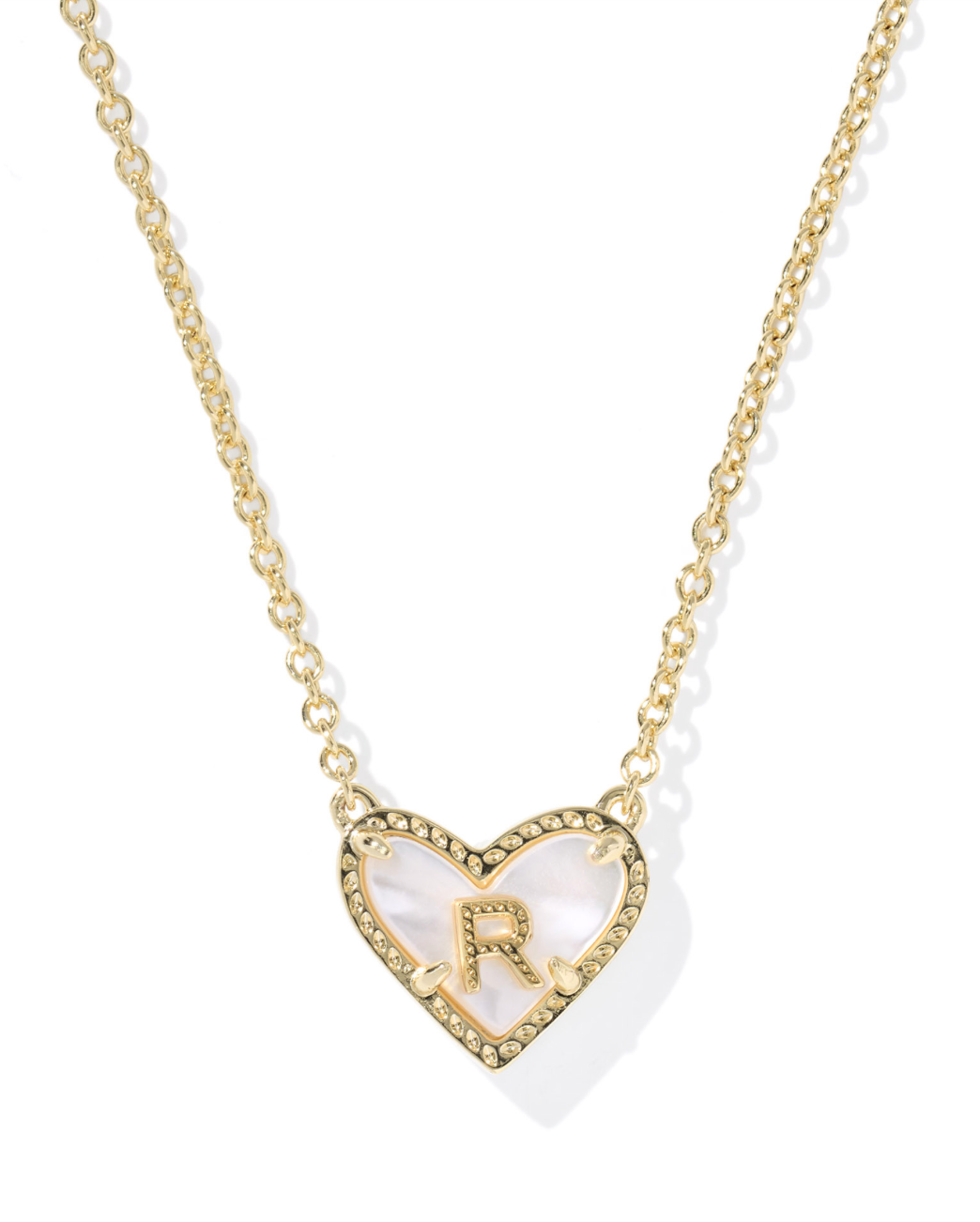 Heart Letter R Short Pendant Necklace Gold Ivory Mother Of Pearl