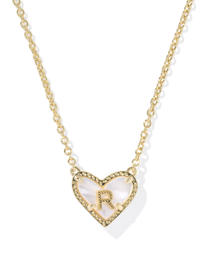 Heart Letter R Short Pendant Necklace Gold Ivory Mother Of Pearl
