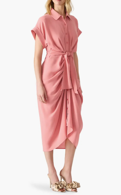 Tori Belted Ruched Slub Midi Shirtdress - Rose Mauve