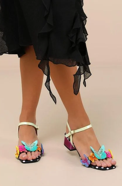 Emerry Black Multi 3D Applique Low Heel Sandals