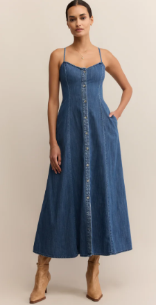 Angel Eyes Denim Midi Dress- Medium Indigo - Xs