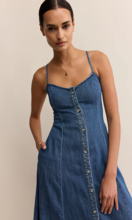 Angel Eyes Denim Midi Dress- Medium Indigo - Xs