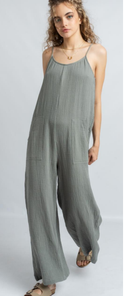 Dnd Puckered Gauze Jumpsuit- Smoked Sage - S