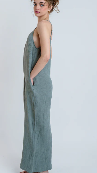 Dnd Puckered Gauze Jumpsuit- Smoked Sage